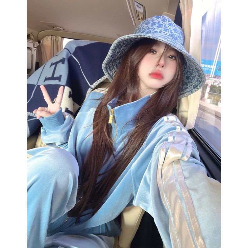 고급 연청 골드 벨벳 긴팔 재킷, 스트라이프 와이드 레 - Winter Clothing Pk 리뷰 및 가격