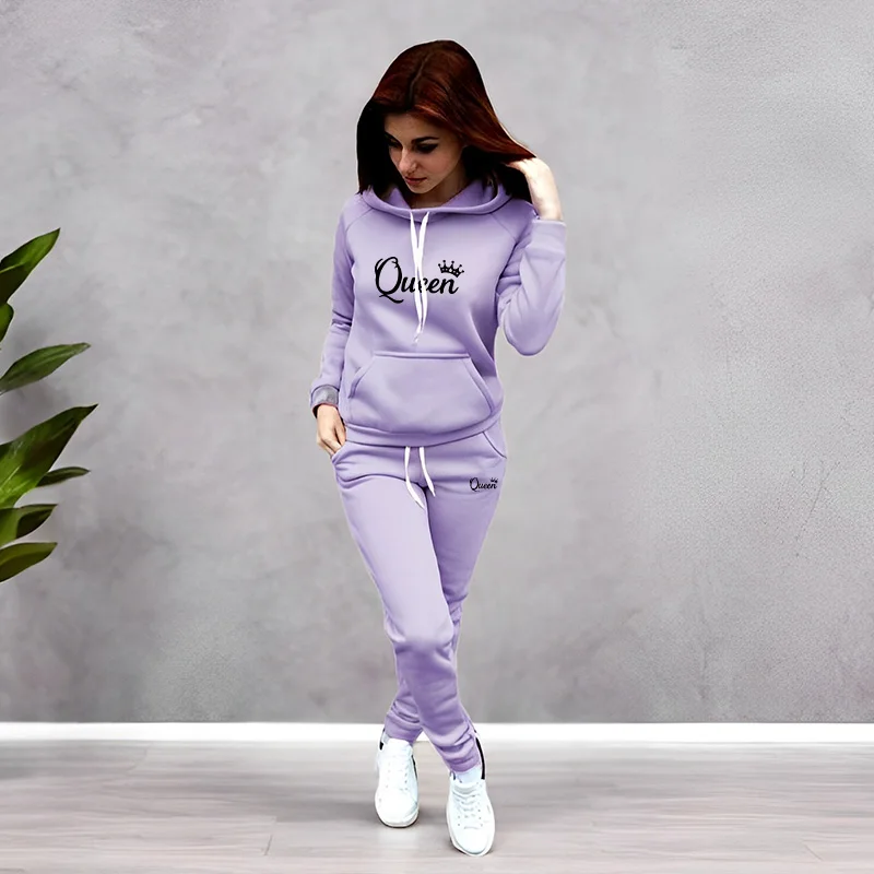 여성 트랙수트 퀸 레터 프린팅 후드 스웨트셔츠 세트 고 - Winter Clothing Women'S 리뷰 및 가격