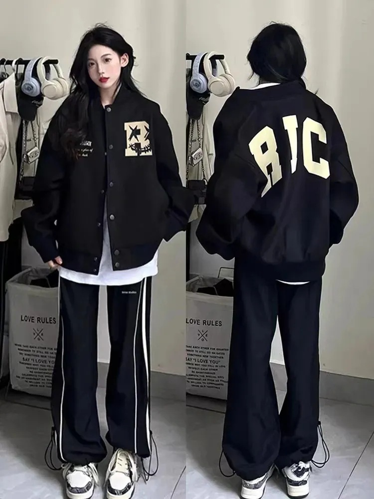 2025 여성 가을 블랙 레트로 레터 프린트 야구 재킷 - Winter Clothing Trends 2025 Women'S 리뷰 및 가격